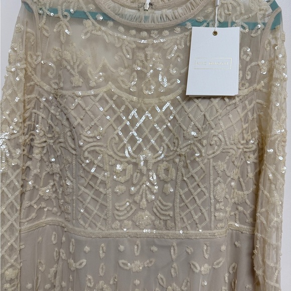 NWT | Mac Duggal Nude Sequined High Neck Long Sleeve Midi Dress Size 16 - Picture 4 of 13